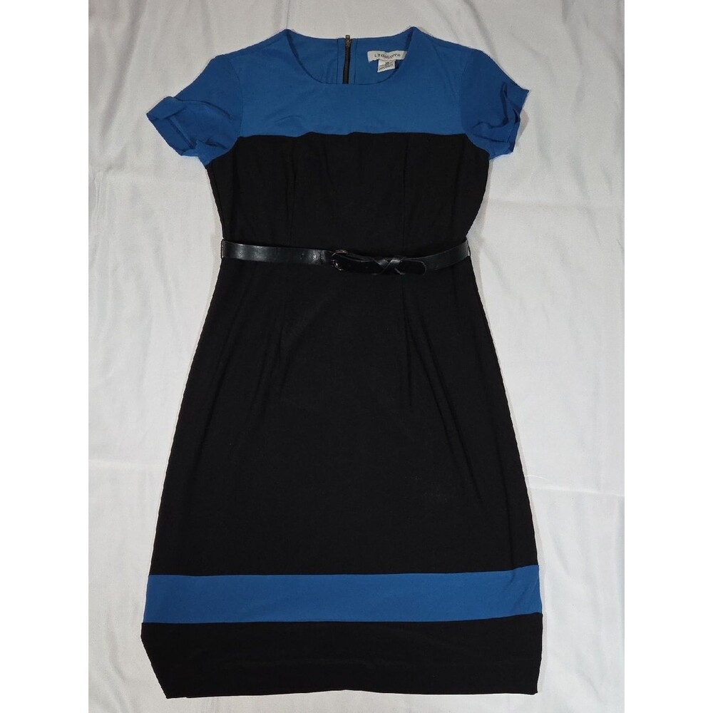 Liz Claiborne black & blue color-block womens dress size XS zipper back Belted